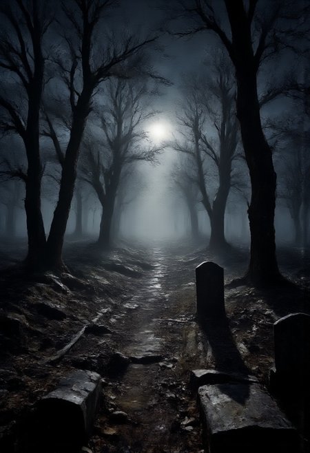 a haunted forest, cemetery, a ghost walking around, night, broken sticks and dry leaves everywhere, a mud house indistinct at far distance in background, smoke and fog, moonlight,