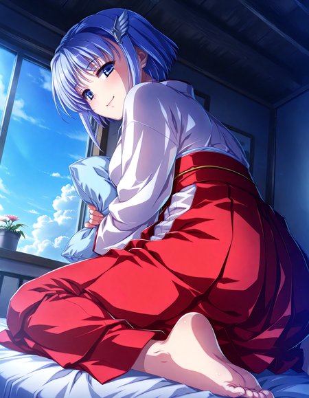 (1girl, solo:1.3), (2girls, 3girls, 4girls, multiple girls, 2boys, 3boys, 4boys, multiple boys:-1.5) <lora:Kajio_Honoka_Denshanai_de_Now_Illustrious:0.9>, kajio_honoka, medium breasts, blue eyes, blue hair, short hair, bangs, sidelocks, hair ornament, miko, japanese clothes, red hakama, smile, (half-closed eyes:0.7), general, contrapposto, dynamic pose, , upper body, from behind, from below, , indoors, bedroom, bed sheet, pillow, cushion, hugging cushion, on bed, lying, window, outdoor view, curtains, plant, potted plant, flower, (perspective:0.7), barefoot, <lora:NOOB_EPSv1_1_detailer_by_vlnvk_v1_0:1.5>, (photo background:0.7), day, (tachibana yuu:0.6), inue shinsuke, (kazuma muramasa:0.0), saikawa yusa, (aoi manabu:0.6), abarerumidori, (suzui narumi:0.6), masterpiece, newest, absurdres, 8K, anime screenshot, anime coloring, flat color, official art, film grain, <lora:illustriousXLv01_stabilizer_v1.185c:0.7>, <lora:LECO_Solo:-4.0>,