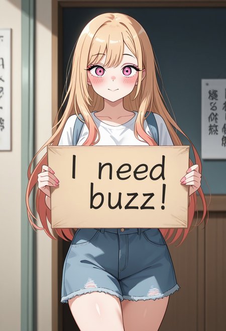 masterpiece, best quality, amazing quality, 8k,  cowboy shot, 1girl, need_buzz, holding sign, solo, kitagawa marin
