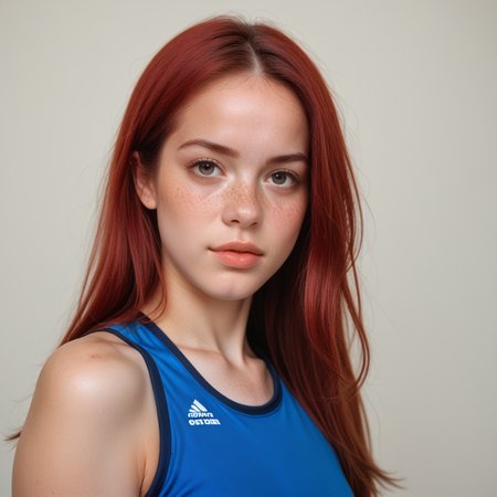 score_9, score_8_up,score_9, score_8_up, score_7_up, score_6_up, realistic, 1girl, freckles, long straight hair, bust portrait, red hair, sportswear, looking at viewer, simple background,<lora:Pony.Sharday_v01:1>