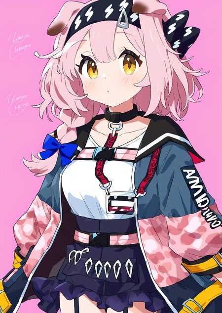 <lora:zetsuyochimayo241029:1>,1girl,looking at viewer,simple background,cowboy_shot,goldenglow \(arknights\),pink background,
