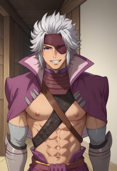 score_9, score_8_up, score_7_up, source_anime, highly detailed, 
Motochika, 1boy, male focus, solo, grey hair, aged up, medium hair, blue eyes, eyepatch, jacket, purple jacket, jacket over shoulders, arm armor, gloves, abs, belt, shoulder belt, upper body, grin
outdoor,