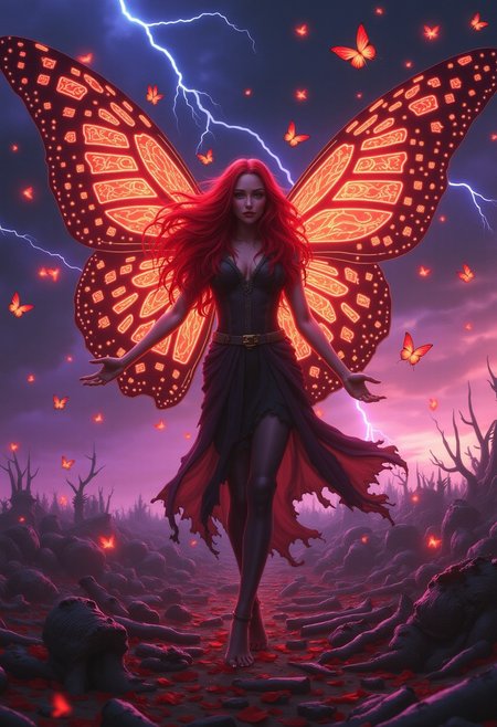 A mysterious figure with flowing red hair and butterfly-like wings adorned with fiery patterns hovers over a battlefield littered with broken weapons and petals. Their haunting gaze meets the viewer as crimson butterflies erupt around them, blending with the fiery horizon. The background transitions into a stormy sky, streaked with flashes of violet lightning,
bo-christmas