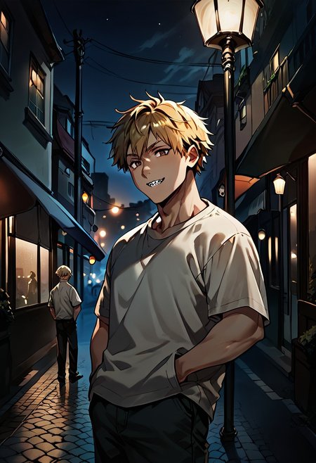 score_9, score_8_up, score_7_up, score_6_up,night, under light,1boy, denji, short hair, blond hair, brown eyes, sharp teeth, hands inside pockets, city, under street lamp, street lamp, light and shadows by reij-shdwgms,dark theme, low light,