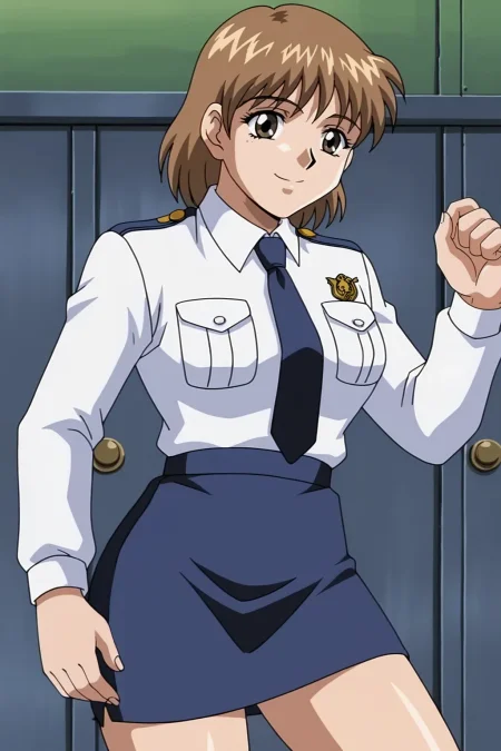 score_9, best, masterpiece, uncensored,
1girl, solo, smile, retro artstyle, 1990s (style),
LTHRMNMisato, police,  skirt, long sleeves, police woman,
<lora:LeathermanMisato_V2:0.8>​​​