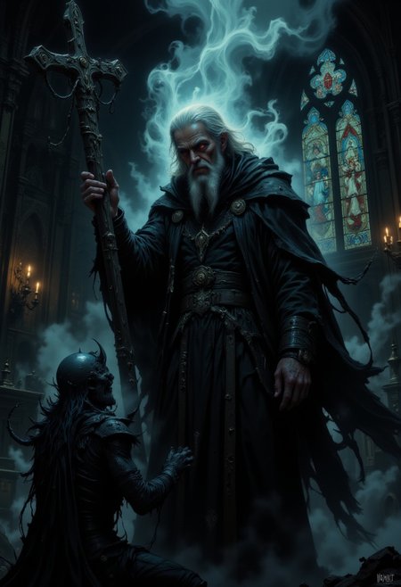 DGC style digital illustration, Magic style,
Close-up."An eerie, dark gothic scene depicting an elderly, haunted priest in an ancient, dimly lit cathedral. The priest, dressed in tattered black robes, holds a weathered cross, with an expression of grim determination and sadness. His eyes glow ominously red, adding an uncanny and disturbing quality. Thick, billowing smoke surrounds him, and faint candlelight illuminates the stained glass windows in the background, casting ethereal colors into an otherwise dark atmosphere. In front of him, a grotesque figure or monstrous creature kneels, partially obscured by shadows and a smoky haze, evoking a sense of dread and despair."