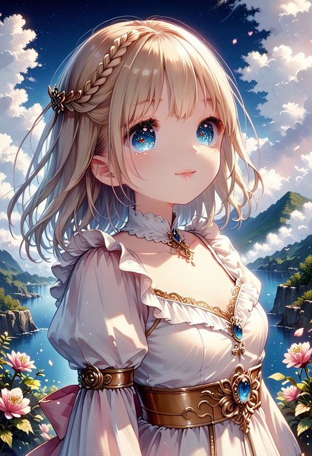score_9, score_8_up, score_7_up, 1girl, ChiguchiMP, masterpiece, best quality, ultra high res, smiling, happy, (detailed eyes:1.2), there is a woman in a white dress, artwork in the style of guweiz, guweiz on pixiv artstation, guweiz on artstation pixiv, guweiz, fantasy art style, guweiz masterpiece, beautiful and elegant queen, beautiful character painting, detailed digital anime art, blonde - haired princess, White hair, sky blue eyes, pink lips