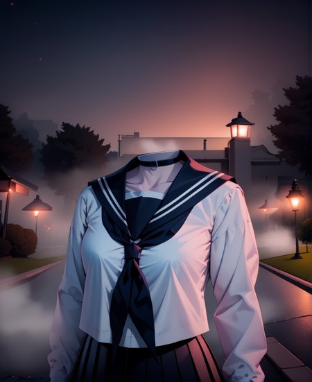 StudentofMisery,white shirt,neckerchief,pleated skirt,sailor collar,choker,headless,
standing,upper body,
night,fog,park,<lora:StudentofMisery:0.8>,