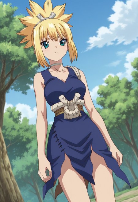 score_9, score_8_up, score_7_up, score_6_up, BREAK 1girl, kohaku,  blonde hair, solo, ponytail, dress, sandals, sky, blue dress, blue eyes, tree, day, cloud, outdoors, blue sky,standing, looking at viewer, cowboy shot, dutch angle