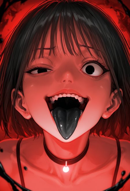 glowing theme, red theme, multicolored background, blue theme, 1girl, :/, bags under eyes, solo, black eyes, choppy bangs, black choker, (sanpaku:1.25), lips, nose, smug, tongue out, black tongue, detailed tongue, looking at viewer, (blurry foreground:1.2), (blurry background:1.2), (dynamic perspective:1.2), (strong depth of field:1.2),  crazy eyes, uneven eyes, one eye half-closed, 
very awa, best quality, highres, masterpiece,
<lora:nhl-002-nai:1.0>