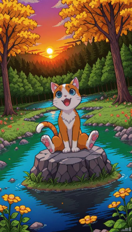  detailed fur:1, detailed face:1, detailed eyes:1, highres, incredible quality, good anatomy, score_9, score_8, incredible quality, high quality, highres, masterpiece, ((tetris attack style, pixel art, thick outlines)),, solo, no humans,, full body, male focus,1boy, cat, happy, open mouth, sitting, dynamic angle, solo, 1boy, anthro cat, nature, trees, rocks, lake, flowers, sunset