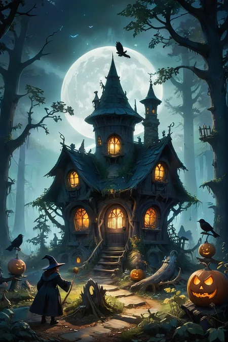 A hyper-realistic and surreal scene featuring a witch's magical house in the middle of a dark forest at night. The surroundings are eerie, with dead trees and cawing ravens adding to the mystical atmosphere. The image is captured using tilt-shift photography, creating a dreamy, blurred background with a thick mist, enhancing the magical and haunting ambiance. The details of the witch's house, the gnarled trees, and the ravens are meticulously rendered, making it a captivating and enchanting visual experience.
hyper-realistic, surreal, witch's magical house, dark forest at night, dead trees, cawing ravens, thick mist, tilt-shift photography, dreamy, blurred background, magical, haunting ambiance, meticulously rendered, captivating, enchanting visual experience.
<lora:20240627-1719439682067:0.8> FRESHIDEAS Fantasy Cottage,
<lora:add-detail-xl:1.0>,
<lora:EnvyBetterHiresFixXL01:1.0>,
<lora:extremely_detailed:1.0>, extremely detailed, 
<lora:EldritchMixIllustration_1.1:0.75>,
<lora:zavy-cntrst-sdxl:0.5> dark, chiaroscuro, low-key,