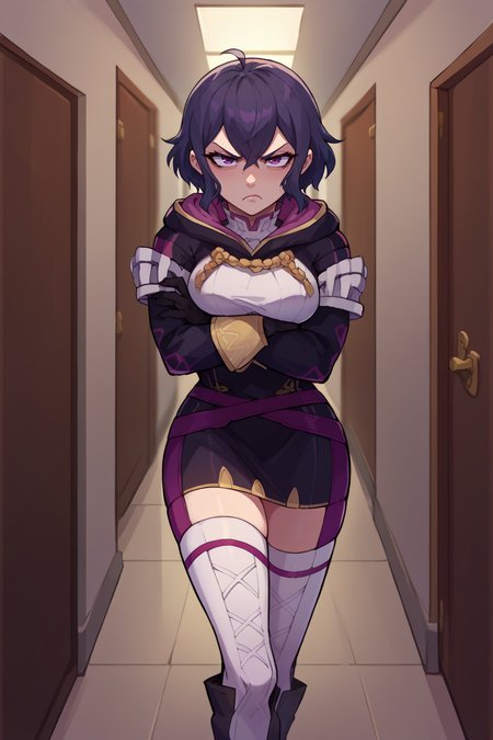 score_9, score_8_up, score_7_up, score_6_up, source_anime, BREAK 1girl, solo <lora:femorgan-pdxl-nvwls-v1-000005:1> feMorgan, short dress, black gloves, white thighhighs, crossed arms, annoyed, hallway, pout