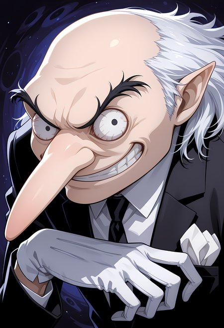 masterpiece, best quality, amazing quality, dutch angle, abstract background, BREAK
solo, 1boy, male focus, old man, smt_igor, balding, white hair, black dot eyes, long nose, dark suit, evil grin, upper body focus, white gloves, BREAK
<lora:cfg_scale_boost:.6>  <lora:Igor_-_Persona_-_ILXL:1>