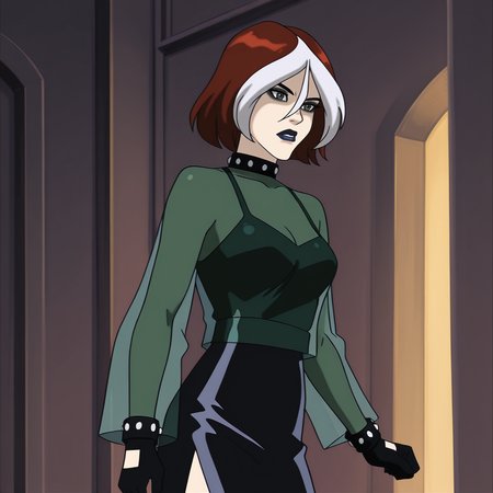 <lora:Rogue_illustrious_v1:.8>  roguegreenEvolution, 1girl, multicolored hair, lipstick, white hair, brown hair, makeup, two-tone hair, black gloves, black dress, short hair, spiked collar, black lips, hair between eyes, breasts, spikes, jewelry, see-through, black skirt, standing, cowboy shot