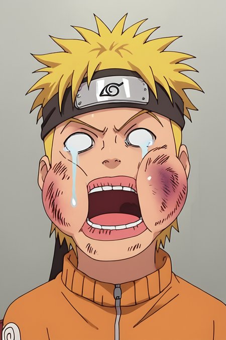 score_9, score_8_up, score_7_up, score_6_up, score_5_up, score_4_up,  <lora:Naruto:0.8>  uzumaki_naruto, blonde hair, forhead protector, konohagakure symbol, whisker markings,  jacket, orange pants,  <lora:beat_up_face:0.8>, 1boy, solo, alone, blank eyes, tears, circular eyes,  bruise, swollen cheeks, swollen lips, open mouth, missing tooth, masterpiece, highres