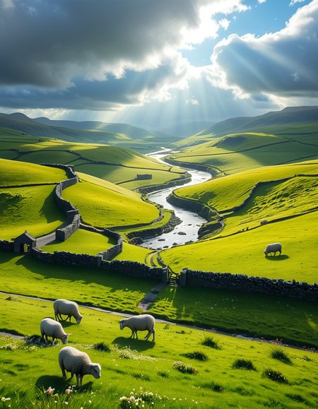 A breathtaking, high-resolution photograph of the rolling plains of Ireland, stretching endlessly under a vast, cloud-streaked sky. The landscape is a lush, vibrant green, with gentle hills covered in soft grass and dotted with scattered wildflowers. Ancient stone walls and winding dirt paths cut through the fields, marking old farmland boundaries. In the distance, a few solitary sheep graze peacefully, their white wool contrasting against the emerald grass. A small, clear river meanders through the valley, reflecting the soft light of the sky. The horizon is framed by low, misty mountains, adding depth and mystery to the scene. Above, the sky is a mix of bright blue and fluffy white clouds, casting dynamic shadows across the landscape as beams of sunlight break through. The atmosphere is serene, timeless, and rich with the natural beauty of the Irish countryside.
<lora:SDXLFaeTastic2400:0.4> <lora:extremely_detailed:0.4> extremely detailed, <lora:rolling_plains_of_1r3l4nd:1>,rolling plains of 1r3l4nd, Masterpiece,best quality,hi res,8k,hi res,8k,award winning,(sharp focus, intricate, highly detailed),