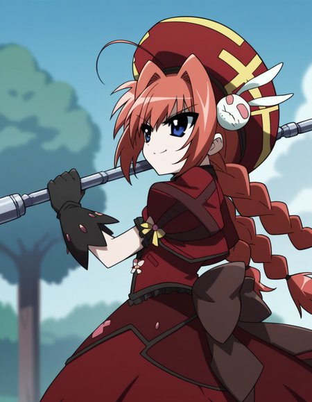 score_9, score_8_up, score_7_up, source_anime, <lora:vita-movie2-ponyxl-lora-nochekaiser:1>, vita, blue eyes, braid, ahoge, red hair, twin braids, rabbit hair ornament,, gloves, hat, dress, weapon, open clothes, open jacket, magical girl, red dress, cropped jacket, hammer,, farmers market, fresh produce, local vendors, baskets, sunny day, community, smile, , from side, solo,, dutch angle,