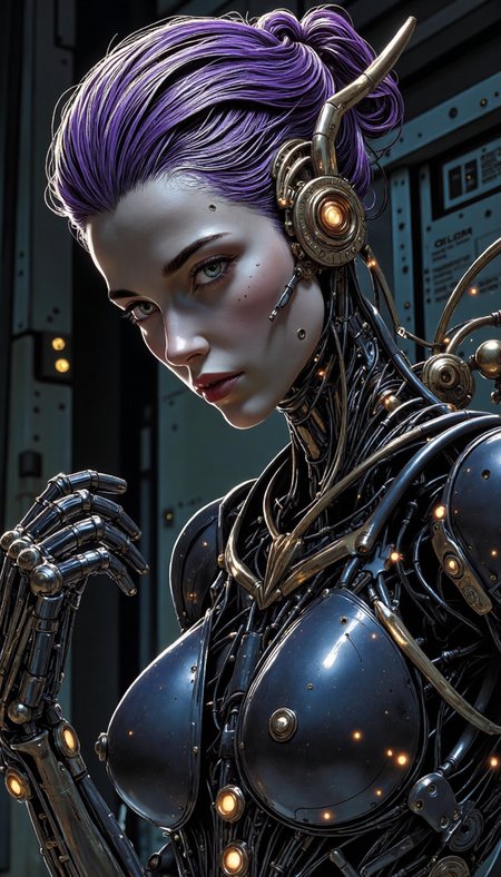 Comic book style, Gynoid with violet coiffeur, intricate exoskeleton with fulvous accents. Dynamic three-quarter shot, medium close-up, tenebrous backdrop.  Emphasize meticulous mechanical detailing, polished obsidian carapace.  Refined, melancholic facial expression.  Pose: subtly contrapposto,  insinuating incipient movement. Biomechatronic augmentations flawlessly integrated, sleek, form-fitting. Enhance luminescence on metallic components, add subtle lens flare. Background: dimly illuminated schematic grid.