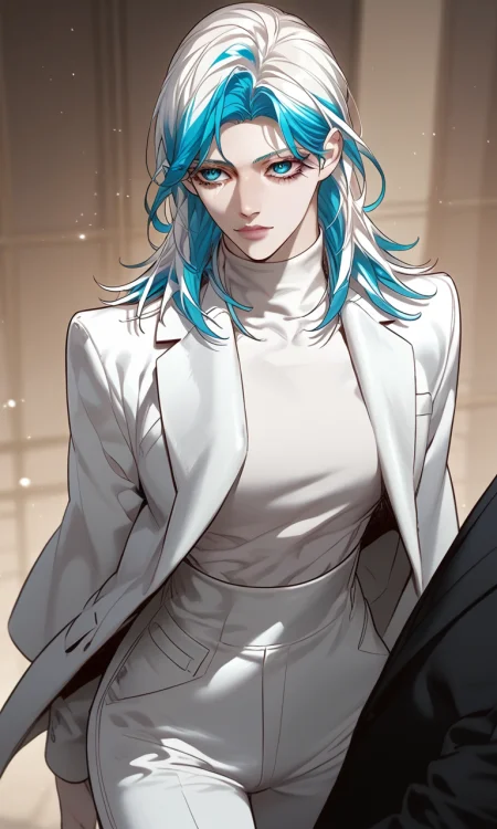 score_9, score_8_up, score_7_up, score_6_up source_anime,
vesperbryan, 1girl, solo, blue eyes, long hair, two-tone hair, blue hair, white hair, hair behind ear, breasts, pale skin, 
outfit1, white jacket, jacket, suit, white pants, formal, white shirt, boots, high heels, turtleneck,
Expressiveh