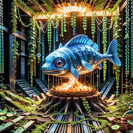 detailed, realistic, 8k uhd, high quality, source anime, illustration, masterpiece, fish, garden,  codeandigital,  , , science fiction, matrix background, , cinematic light   <lora:Code__Digital_World_Morph_PONY_XL_by_UOC:1.2> <lora:spo_sdxl_10ep_4k-data_lora_webui> <lora:dmd2_sdxl_4step_lora_fp16>
