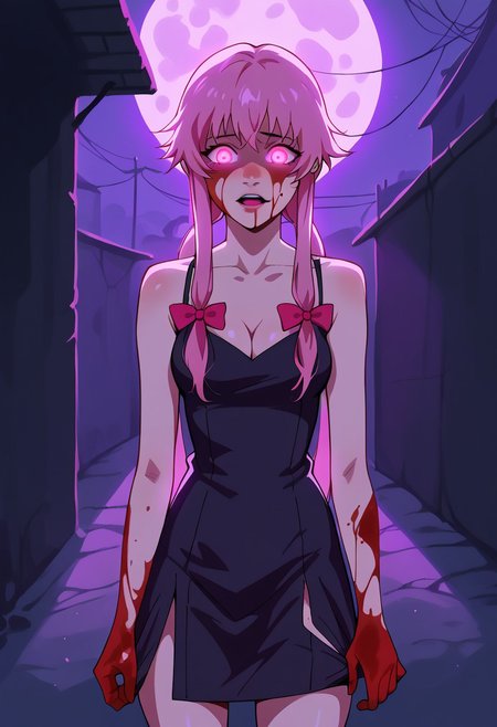 score_9, score_8_up, score_7_up, score_6_up,   <lora:st4t1ctvXLP:1> st4t1ctv, chromatic aberration, dark purple theme, red vignette, 1girl, solo, yuno gasai, long hair, pink eyes, glowing eyes, pink hair, moan, blood on face, blood on hands, low twintails, bare shoulders, black dress, bow, cleavage, collarbone, dress, hair bow, yandere trance, outdoors, dark alley way, night, moon, concept art, realistic, dark theme, low light, dark night, cinematic lighting, pulling own dress, rippingclothing, ripping own clothes, exposed skin, torn clothes, scary, dynamic pose