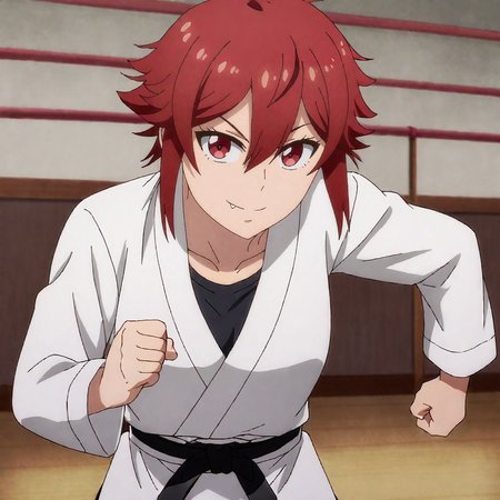 <lora:Tomo_pony_v1:.8>TomoKarate, 1girl, dougi, red hair, red eyes, fang out, short hair, hair between eyes, black belt, collarbone, long sleeves, martial arts belt, black shirt, shiny hair, cowboy shot