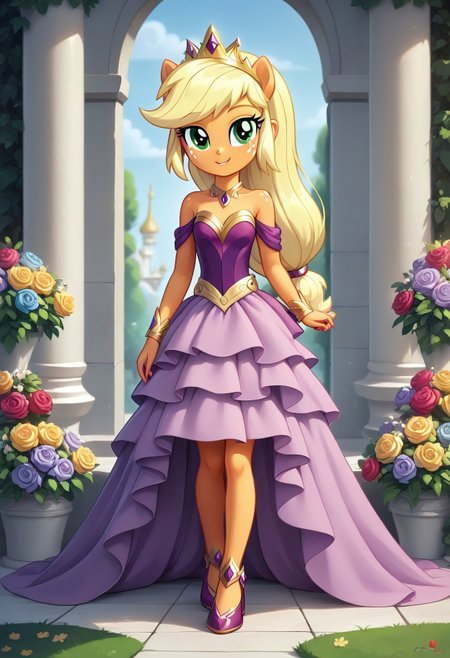 score_9, score_8_up, score_7_up, score_6_up, source_cartoon, rating_safe, My Little Pony Equestria Girls, very young little human girl Applejack wearing a fit green|brown|darkpurple|wine|red gradients colors short princess dress, elegant detailed princess shoes, solo, 1girl, little princess girl, gradient golden blond hair with crown hairband, smile, childhood, looking at viewer, glow detailed eyes, garden of canterlot, tul, chiffon, laces, semi realistic cartoon, unreal engine 5,  full body close-up, absurdres, digital art, soft light, perfect hands, perfect, hands, perfection, soft orange skin, green eyes, apples accesories and shoes, jewelery, tres chic,<lora:age_slider_v4:-4>,