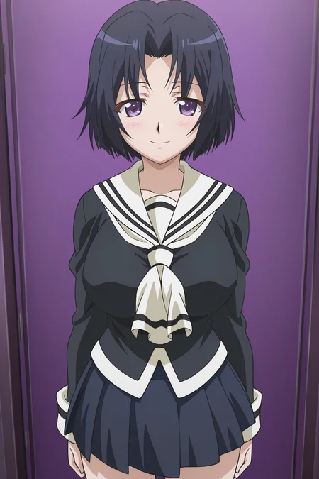masterpiece, best quality, absurdres, highres, source anime, very aesthetic, very awa, BREAK, anime coloring, anime screencap,
<lora:swing_out_sisters_v1-illustrious_r1:1>, 1girl, chiyo \(swing out sisters\), purple eyes, black hair, short hair, large breasts,
BREAK, looking at viewer, smile,
BREAK,   school uniform, miniskirt,