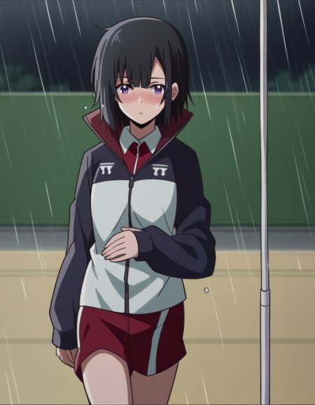 score_9, score_8_up, score_7_up, source_anime, <lora:yuika-shiwahime-s1-ponyxl-lora-nochekaiser:1>, yuika shiwahime, short hair, black hair, purple eyes,, shirt, jacket, necktie, shorts, sleeves past wrists, track jacket,, rainy day, umbrella, walking home, puddles, wet hair, , , hand on stomach, blush,, solo,, dutch angle, cowboy shot