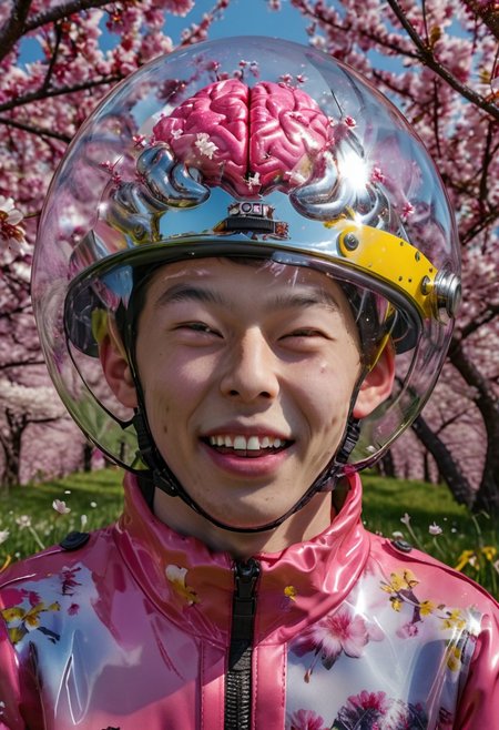 (8k, RAW photo, highly detailed, masterpiece, highest quality, hyper realistic, intricately detailed, vivid and vibrant colors, centred and symmetrical), a photo of a laughing boy, (sheetface), (XUER Liquid chromium brain), transparent helmet, jumpsuit, happy and excited, in a meadow, cherry blossom petals falling from the sky in the background, in spring time, looking at viewer, (low angle, wide shot, wide-angle lens), high fashion, fashion photography, sharp focus, sharp image, centred and symmetrical, science fiction,