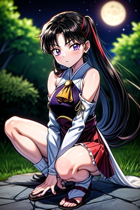 masterpiece,  best quality 1girl Setsun4 solo long hair,  (night time) forest background black hair very long hair purple eyes multicolored hair armor (fur trim) (medium body),<lora:EMS-179-EMS:0.800000>,<lora:EMS-293862-EMS:0.800000>ascot, bare shoulders, black footwear, detached sleeves, embellished costume, frills, japanese clothes, nontraditional miko, red skirt, sandals, sarashi, skirt, socks, armor, miko