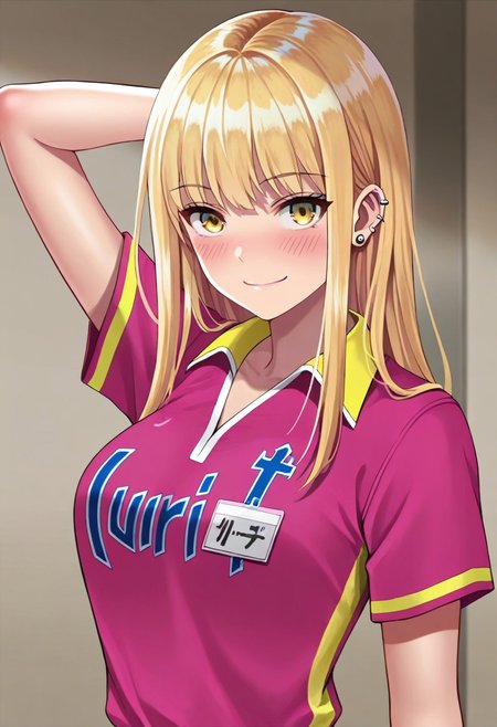 masterpiece,best quality,amazing quality, ruriko, long hair, blonde hair, yellow eyes, 1girl, solo, smile, blush, looking at viewer, piercing, shirt, arm behind head, closed mouth, ear piercing, short sleeves, upper body, sportswear, arm up