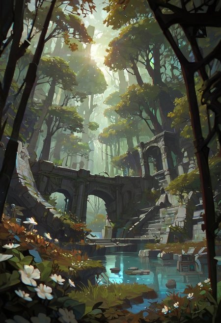 score_9, score_8_up, score_7_up, score_6_up, arkn, detailed drawing, forest, autumn, flowers, beautiful blue pond, grass, early morning, sun rays, white stone ruins, dynamic light,