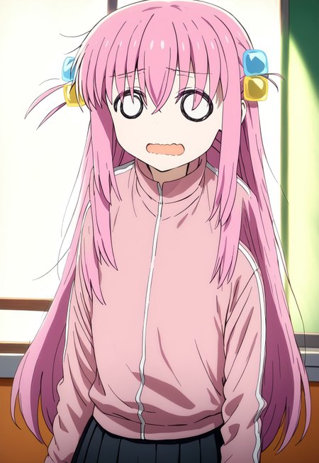 score_9, score_8_up, score_7_up, score_6_up,source_anime, masterpiece, ultra-detailed, highres, 4k, best quality, painterly, faux traditional media, Moe art style, Kyoani art style, outstanding, countershading, detailed soft lighting, backlighting, close up shot, dutch angle, BREAK, 1girl, hitorigotou, <lora:hitori-gotou-s1-ponyxl-lora-nochekaiser:1>, hitori gotou, cube hair ornament, hair between eyes, hair ornament, pink hair, one side up, long hair, black skirt, jacket, long sleeves, pants, pants under skirt, pink jacket, pink pants, pleated skirt, skirt, track jacket, track pants, track suit, indoors, classroom, o_o, wavy mouth, mouth open, panicked, dim lighting
