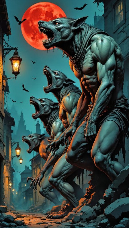 A high-resolution, hyper-detailed masterpiece of fantasy art. The scene features three ferocious werewolves, each with bloodshot red eyes that pierce through the darkness, filled with a primal rage. Their gaping jaws are filled with rows of razor-sharp teeth, and their clawed hands are outstretched, each claw gleaming wickedly. The werewolves' muscular bodies are covered in coarse, matted fur, stained with dried, dark crimson blood. Their fur is clumped in places, hinting at recent battles. The background is a dark, eerie town, shrouded in shadow and fog, with crooked buildings and flickering lanterns casting unsettling shadows. A blood-red full moon looms ominously in the sky, casting a sinister glow over the scene. <lora:Illustration_concept:0.8>, <lora:aidmaFluxPro1.1Stylev0.2:0.7>, <lora:Hand v2:1>