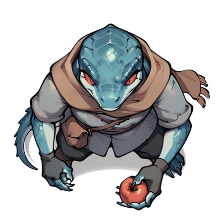 (((detailed, beautiful, high quality))), score_9, score_8_up, score_7_up, solo, 
dndt0ken, top down view, from above,
lizardfolk, anthro lizard, slit pupil, scales, tail, 
1girl, red eyes, sky blue skin, flat chest, flat chest, grey tunic with hood, brown scarf, black trousers, fingerless gloves, short, 
incredulous face, holding an apple,
white background, standing