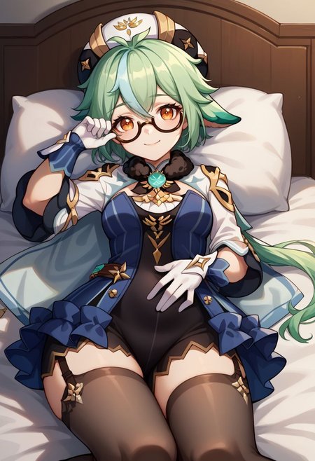score_9, score_8_up, score_7_up, source_anime, 1girl, sucrosedef, orange eyes, green hair, multicolored hair, hair between eyes, long hair, ponytail, animal ears, glasses, semi-rimless eyewear, hat, beret, fur collar, vision (genshin impact), blue dress, gold trim, cape, long sleeves, white gloves, garter straps, black thighhighs, knee boots, white footwear, lying, on back, on bed, arm up, closed mouth, smile, looking at viewer, indoors, bedroom, pillow, close-up, facing viewer, hand on own stomach, <lora:Sucrose_v1-000010:1>