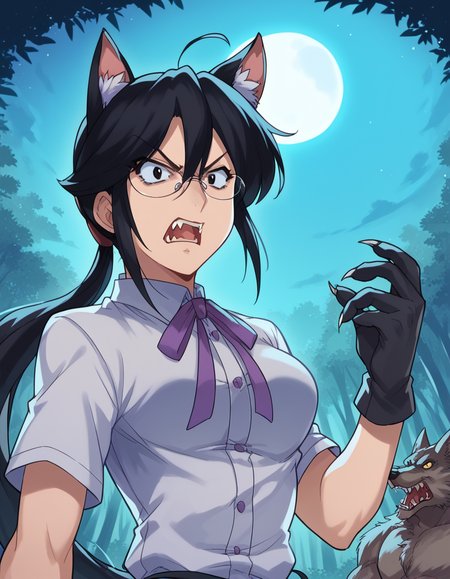score_9, score_8_up, score_7_up, source_anime, <lora:sae-shirai-s1-ponyxl-lora-nochekaiser:1>, sae shirai, long hair, black hair, ponytail, ahoge, glasses, black eyes, hair between eyes, sidelocks, medium breasts,, <lora:werewolf-ponyxl-lora-nochekaiser:1>, werewolf, furry, fangs, animal ears, gloves, angry, teeth, animal ear fluff,, forest, night, moon, open mouth, , dutch angle, cowboy shot
