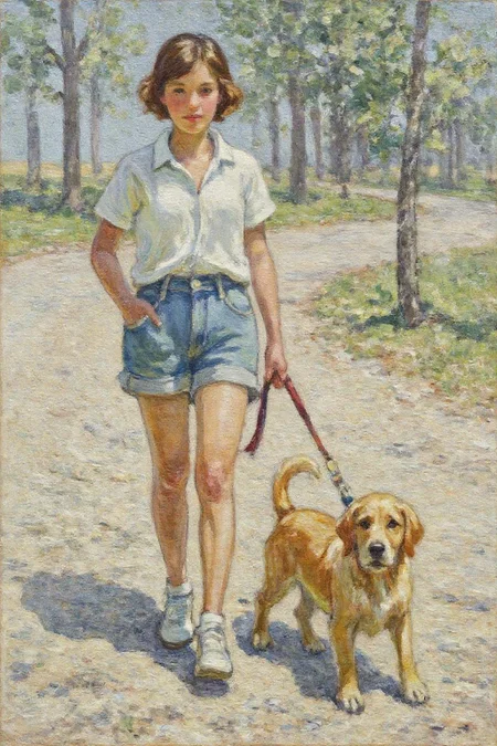 dorotheasharp1 painting. 
A young woman, wearing a white short-sleeved shirt and short jean shorts, walking a golden retriever, one hand in her pocket, the other holding the dog leash. <lora:dorotheasharp1_f16:1.0><lora:867748763186268716:0>