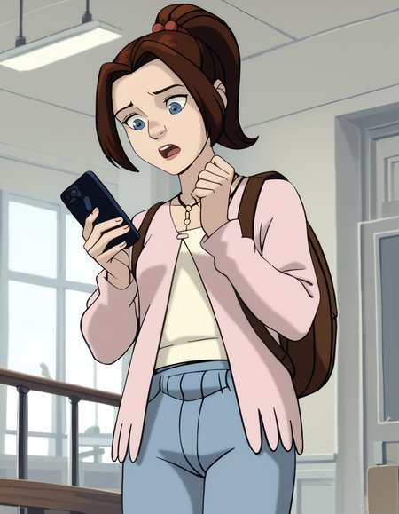 score_9,  score_8_up, score_7_up, <lora:ktprd-xl-v3-32-10:1> ktprd, high ponytail, blue eyes,
cord y-necklace, pink one-button cardigan, cream t-shirt, denim capri pants, backpack,
1girl, solo, surprised, looking at phone, looking down, indoors
