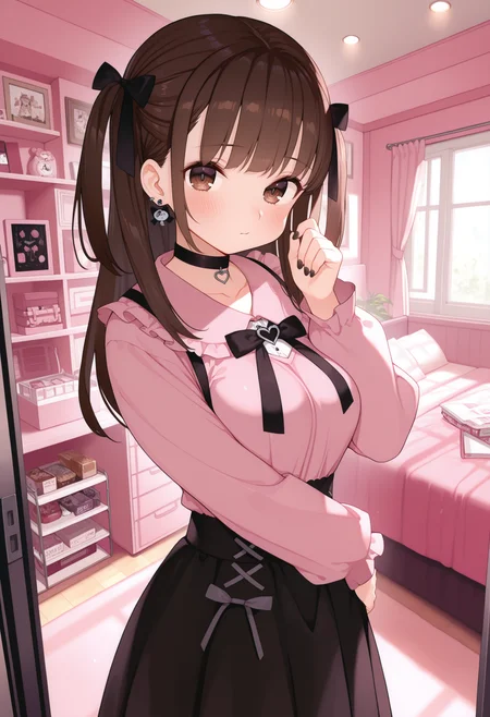 (best quality , masterpiece, good quality), very aesthetic, absurdres, general, sfw, 1girl, solo, brown hair, two side up, brown eyes, jirai kei, choker, indoors, loaded interior, gaoustyle, <lora:gaoustyle_ilxl:1>,