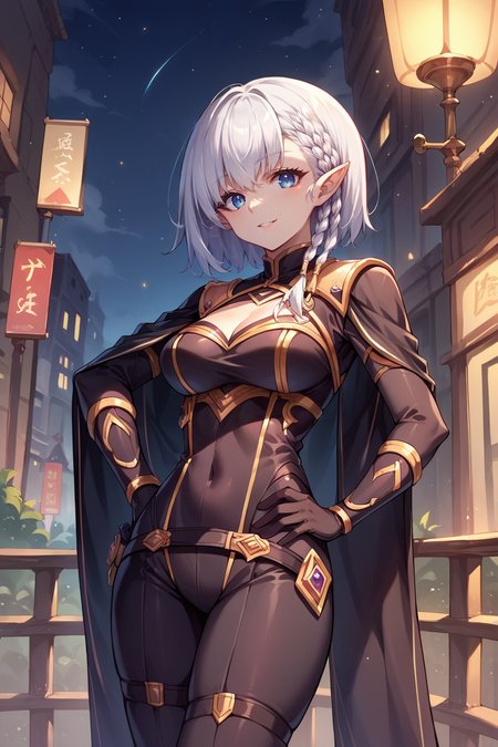 score_9, score_8_up, score_7_up, score_6_up, source_anime, 1girl, solo  <lora:beta-pdxl-nvwls-v1-000005:1> beta, white hair, braid, pointy ears, black cape, black bodysuit, gloves, smile, looking at you, city, night sky, night, hand on hip