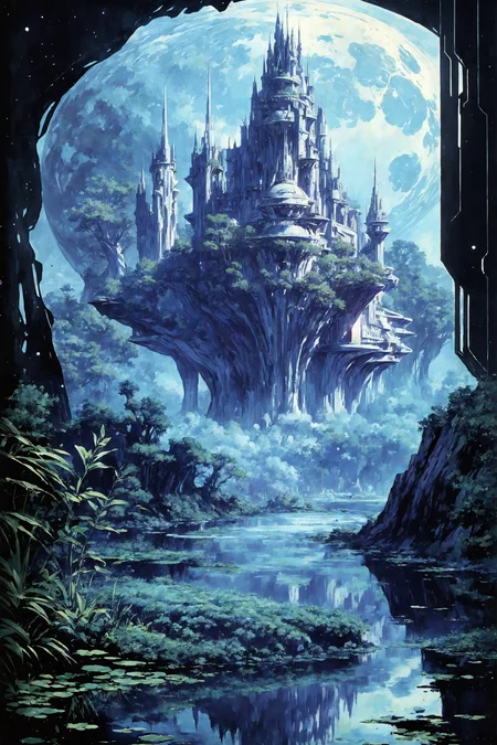 space planet, sun, moon, stars, (big rocks:0.9), (ripples, reflections:0.9), spatial futuristic castle, (small river pond:0.8), space forest, (space village:1.2), (stunning nature aquatic environment:0.8), spaceship, (unknown exotic land:0.9),) (nice alien civilization),  (beautiful space fantasy scifi futuristic landscape:0.9, (very detailed:1.2), (best quality:1.2), sharp focus, high contrast, cinematic lights, backlight, shadows, (lens flare:0.4), (vibrant colors, colorful):0.7, (French Blue flowers:0.9) and leaves, <lora:Detail Tweaker LoRA add_detail:0.8><lora:depth_of_field_slider_v1:5>  <lora:SDXLrender_v2.0:0.9> <lora:1970RetroFuturism:0.3> 1970retrofuturism