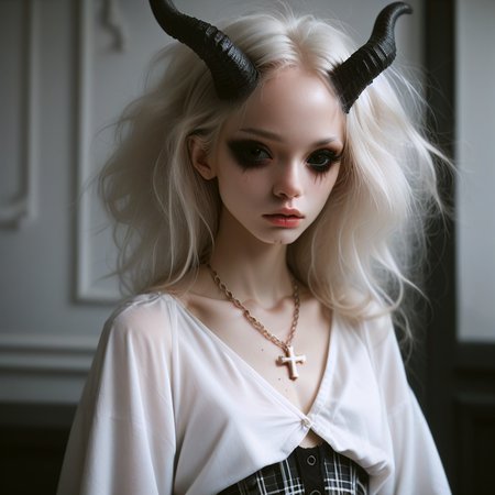 score_9_up, score_8_up, score_7_up, (masterpiece), (best quality), (ultra-detailed), (very aesthetic:1.2), intricate details, perfect composition, absurdres,
1girl, solo, <lora:bdemonpony011:1>, colored skin, pale skin, white skin, black hands, black feet, pitch black eyes, monster girl, skinny, anorexic, slim, horns, white hair,  
chain necklace, cross necklace, bracelets, white shirt and plaid skirt, 
indoors, dark black room, music decorations, 80's punk style, solo,