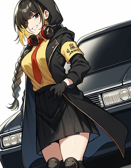 score_9, score_8_up, score_7_up, source_anime, <lora:girlsfrontline-m16a1-ponyxl-lora-nochekaiser:1>, m16a1, black hair, long hair, black eyes, streaked hair, yellow hair, bangs, braid, braided ponytail, eyepatch, mole, mole under eye, scar, scar on face,, armband, asymmetrical legwear, black gloves, black jacket, black legwear, black skirt, buttons, gloves, headphones, headphones around neck, hood, hooded jacket, jacket, knee pads, necktie, skirt, strap, unevent legwear, shirt, yellow shirt, hood down, mature female, medium breasts,, highway, cars, lanes, fast, long, smile, <lora:shaft-look-ponyxl-lora-nochekaiser:1>, shaft look, looking back, from behind, head tilt,, looking at viewer, solo,, dutch angle, cowboy shot