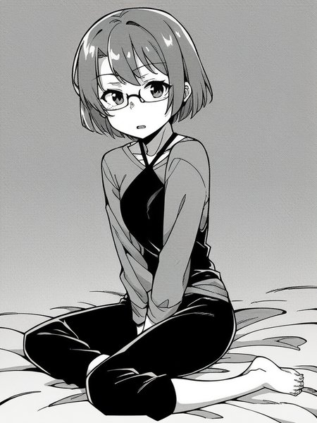 score_9, score_8_up, score_7_up,  
1girl, monochrome, futaba moe, medium hair, grey hair, small breasts, glasses,


sitting, on bed, barefoot, black pants, grey t-shirt, long sleeves, overshirt, black camisole, halterneck, looking at viewer, frown, parted lips,