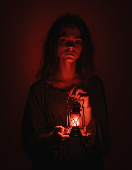 horror style score_9, score_8_up, score_7_up, score_6_up, drkdl, low key, dramatic lighting, solo, 1girl,  cute,  smirk,  holding a lantern, red theme, dark, <lora:DRKDL:0.8>  . dark, eerie, gothic, macabre