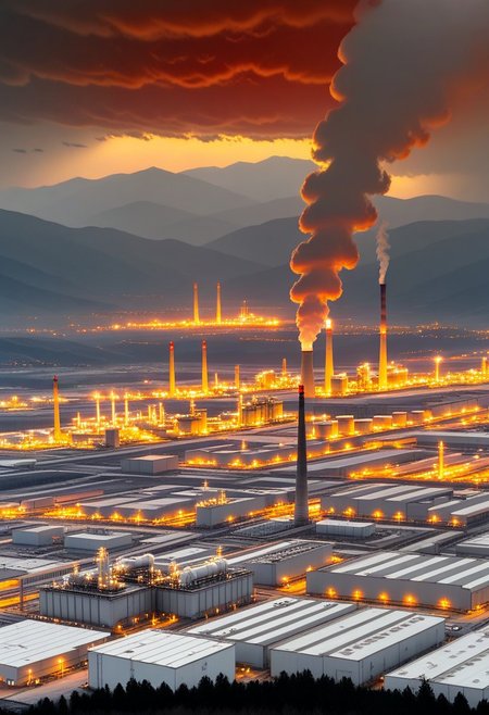 A dense layer of gray clouds illuminated in red from above, a small golden sun, light gray mountains in the distance on the horizon among which power plants and industrial buildings can be seen, closer gray mountains on the horizon among which power plants and industrial buildings can be seen, black mountains on the horizon among which power plants and industrial buildings can be seen,