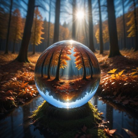 Crystal ball containing a forest ablaze with autumn colors, 
under a pristine blue sky, 
mysterious ambiance, 
capturing the essence of fall, 
sharp reflections, 
perfect clarity, 
dramatic lighting, 
ultra clear., 
Mysterious